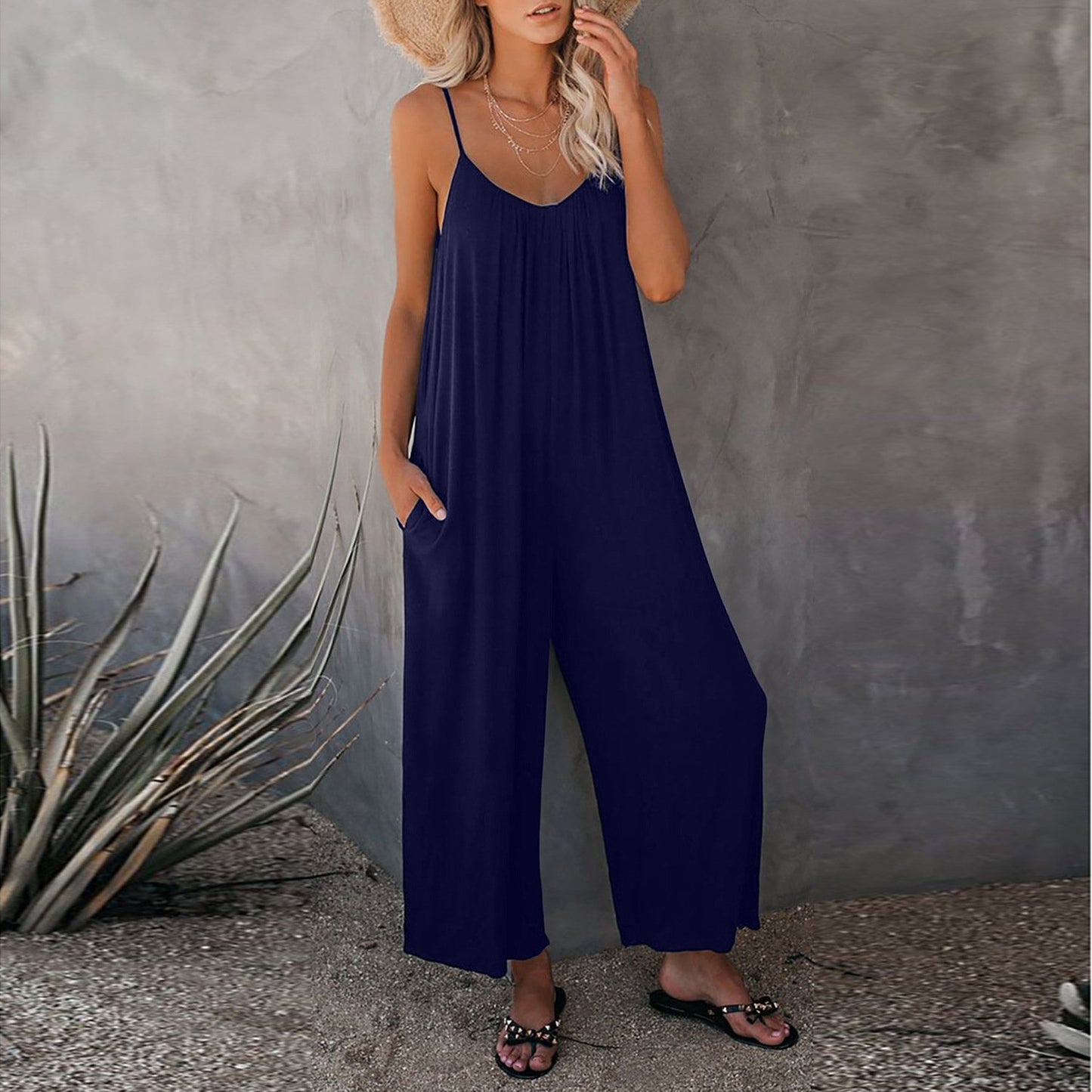 Solid Color Pocket Casual Loose Jumpsuit