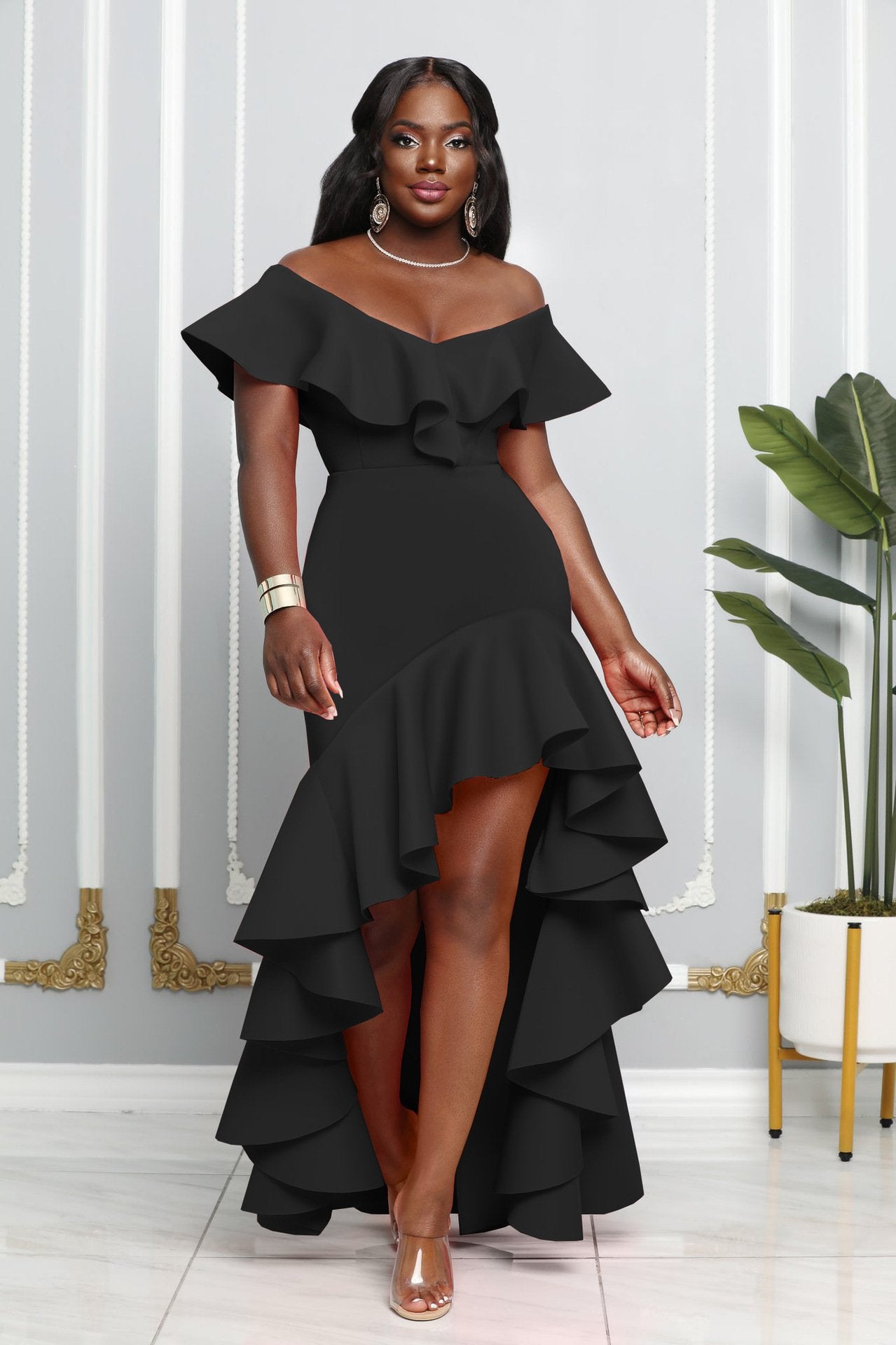 UNFORGETTABLE HIGH-LO RUFFLE FALL OFF SHOULDER GOWN
