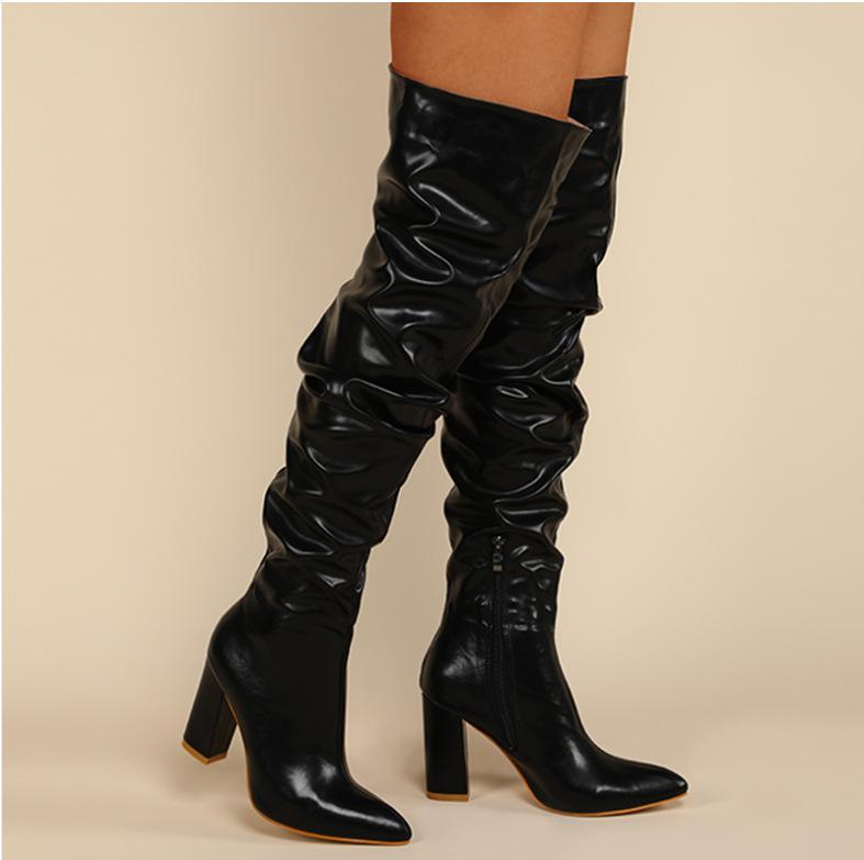 Fashion Leather Crinkled Chunky Heel Boots