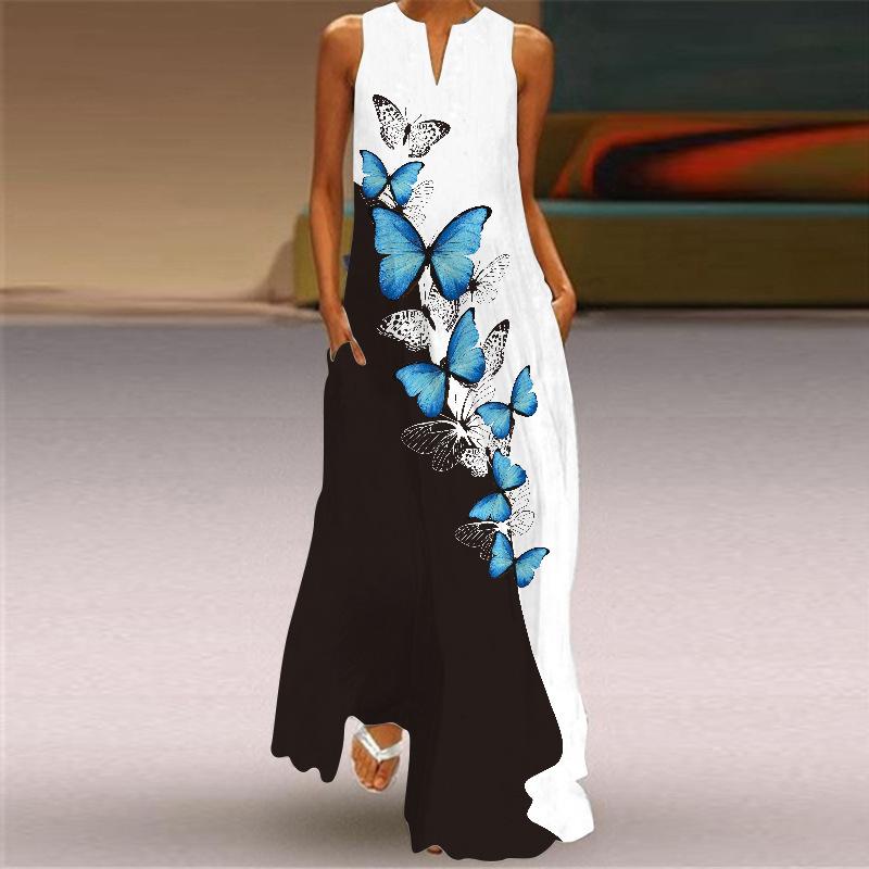 Butterfly Print Sleeveless V-neck Dress