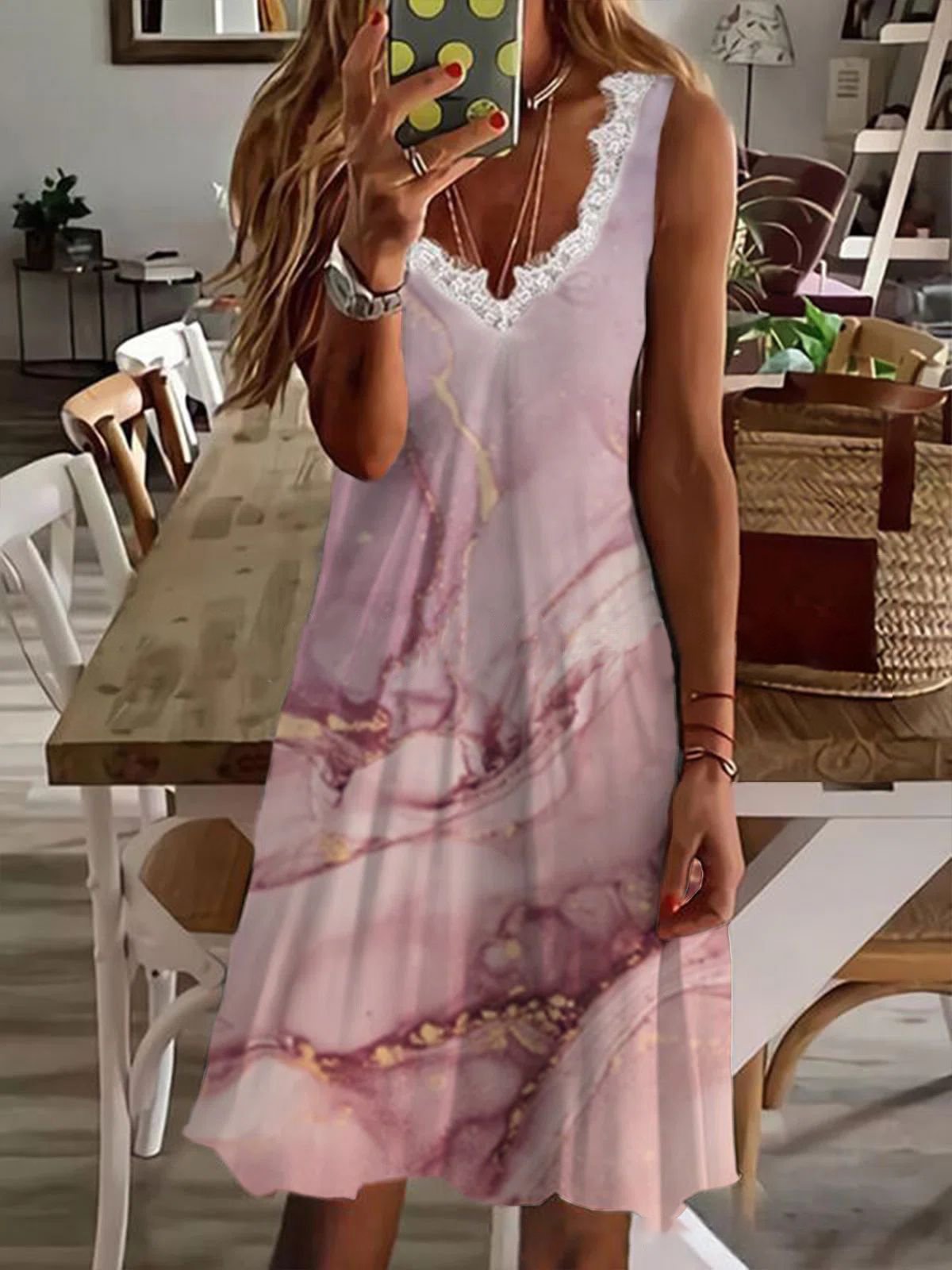 Lace V-neck Flower Printed Dress