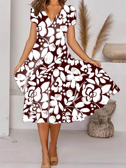 Flower Print V-neck Short Sleeve Dress