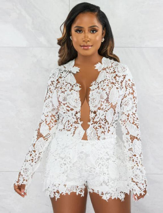 CARENCIA CROCHET SHEER SUIT SHORTS SET