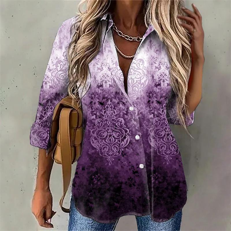 Noble Collared Print Long Sleeve Top