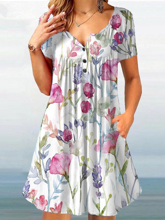 Floral Print V-neck Button Dress
