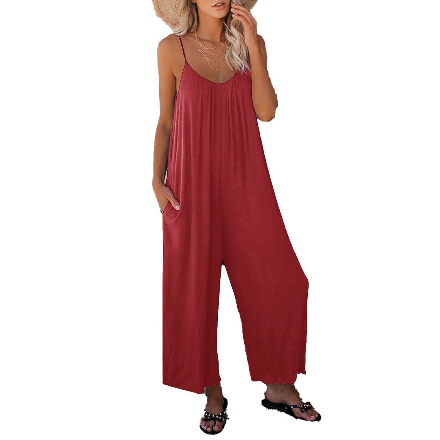 Solid Color Pocket Casual Loose Jumpsuit