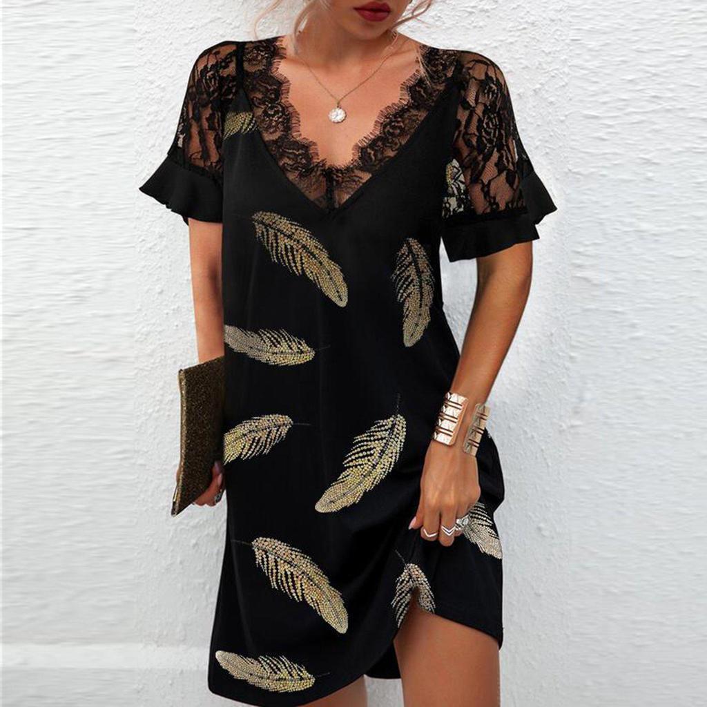 Lace Personalized Printing V-neck Dress