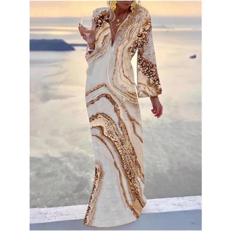 Gold V-neck Printed Dress