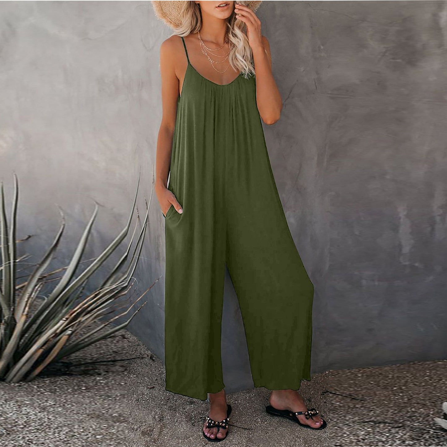 Solid Color Pocket Casual Loose Jumpsuit