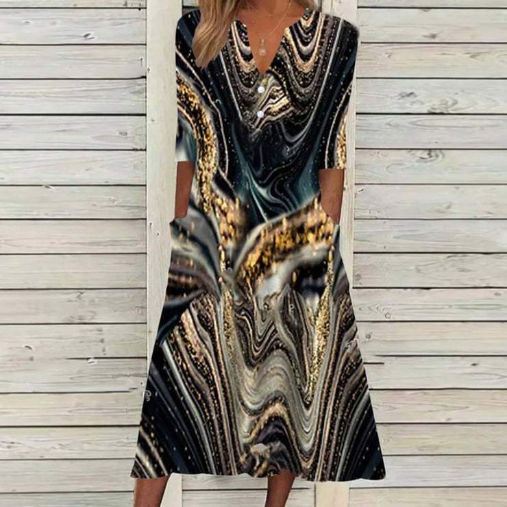 Print V-neck Button Short Sleeve Dress