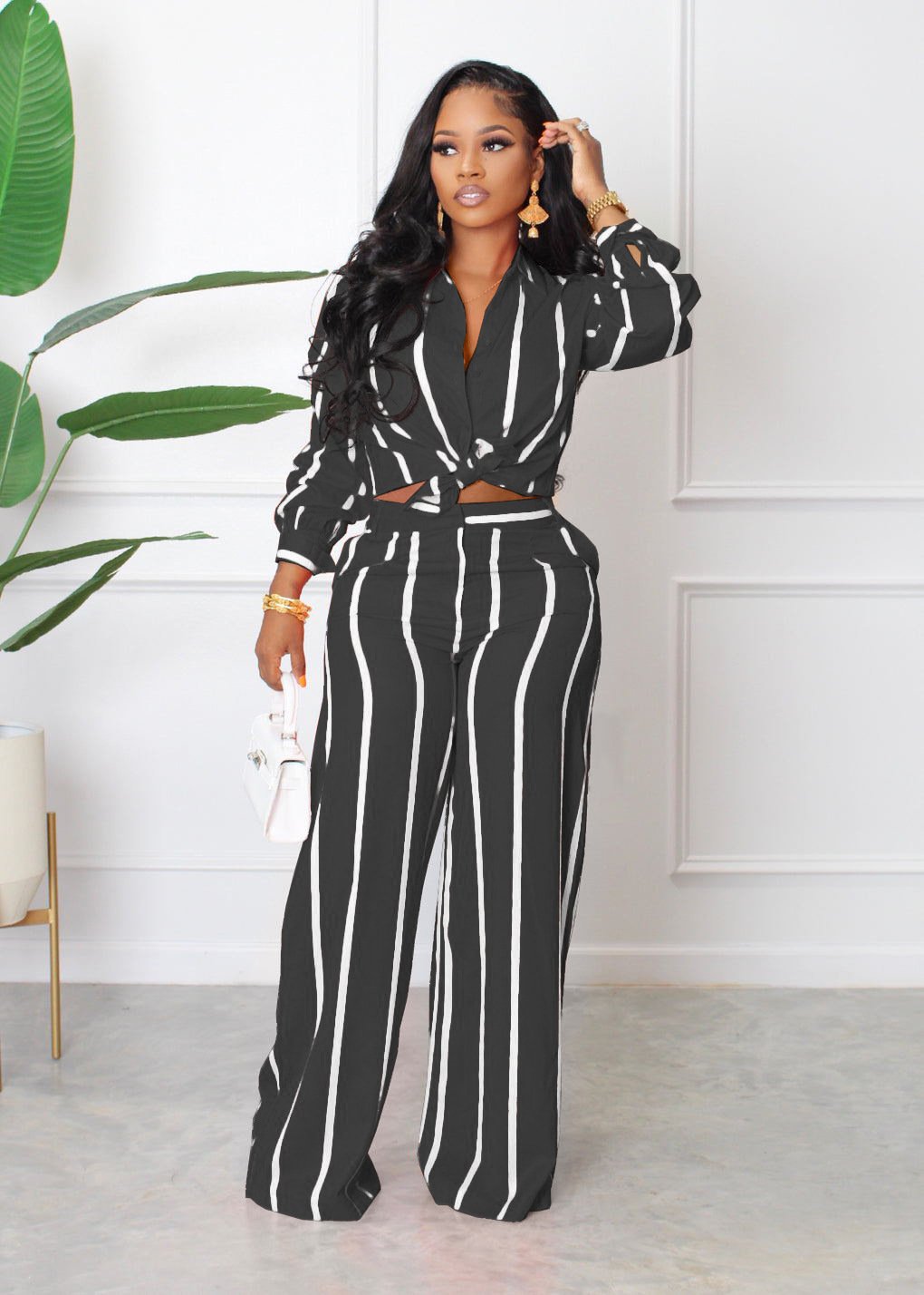 Lace Up Stripe Long Sleeve Button Up Trousers Set