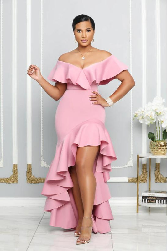 UNFORGETTABLE HIGH-LO RUFFLE FALL OFF SHOULDER GOWN